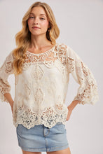Load image into Gallery viewer, 6354- Boho Sheer Crochet 3/4 Sleeved Top-NATURAL
