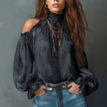Load image into Gallery viewer, 6504-  High Neck Off-Shoulder Chiffon Blouse-black
