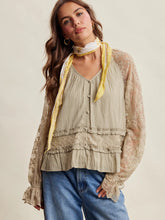 Load image into Gallery viewer, 6449-Floral Lace Sleeve Tiered Lined Boho Blouse -OLIVE

