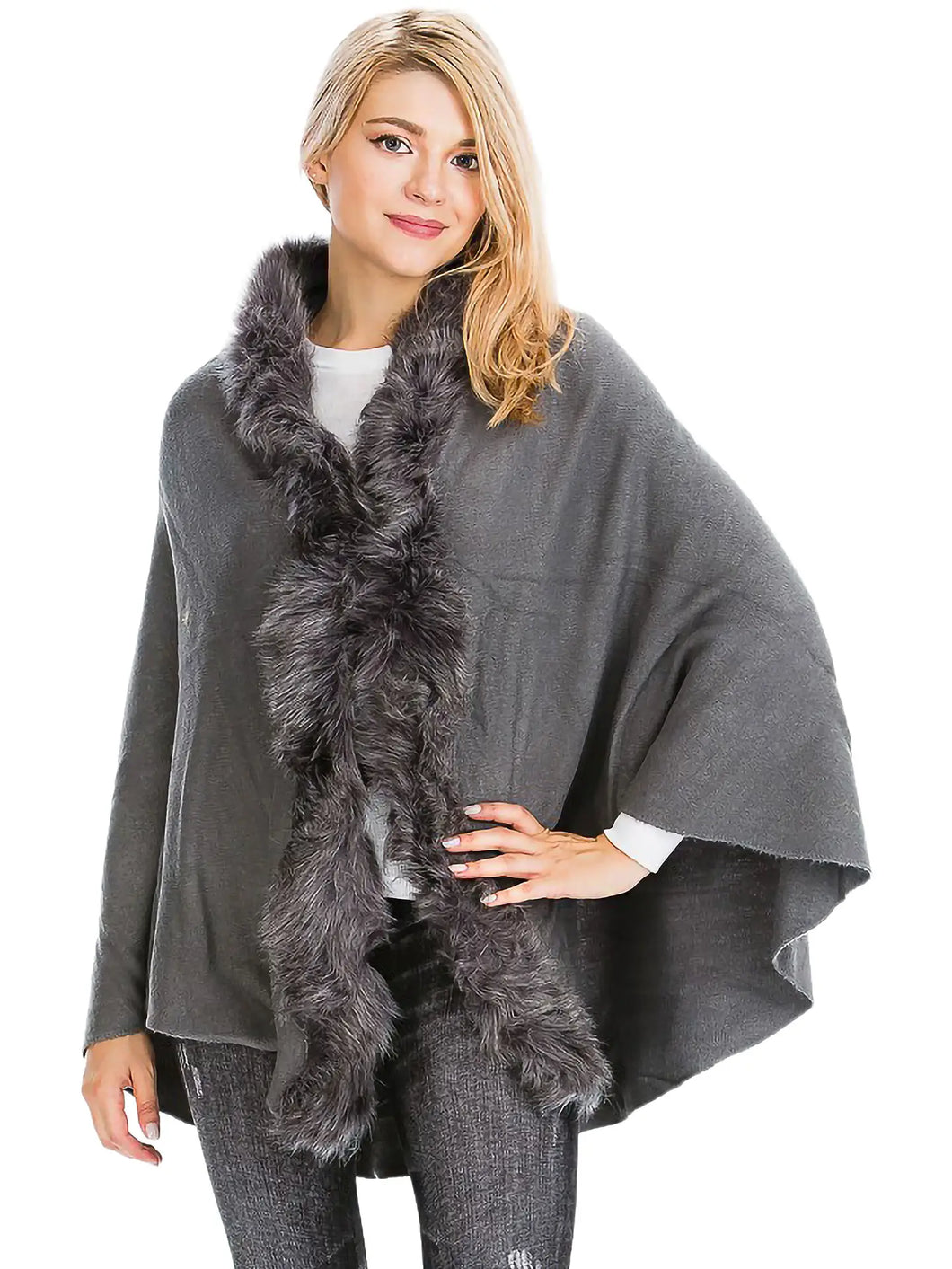 5747-Luxe Faux Fur Trim Shawl Cape-GREY