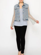 Load image into Gallery viewer, 6208-  Denim Jacket with Sparkly Details &amp; Net Mesh Sleeves - (Copy)
