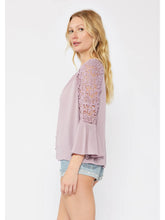 Load image into Gallery viewer, 5083- Crochet Lace Bell Sleeve Button Front Top-LAVENDER
