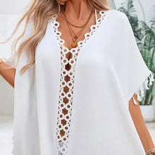 Load image into Gallery viewer, 6118-Crochet Fringe Beach Cover Up Kimono Poncho-WHITE
