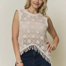 Load image into Gallery viewer, 6334- Asymmetrical Fringe Hem Crochet Top- BEIGE
