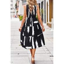 Load image into Gallery viewer, 4980-Floral Print Cut Out Ruched Fit Sleeveless Ruffle Dress-BLACK
