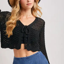 Load image into Gallery viewer, 6123- Open Knit Crochet Front-Tie Cropped Cardigan -BLACK
