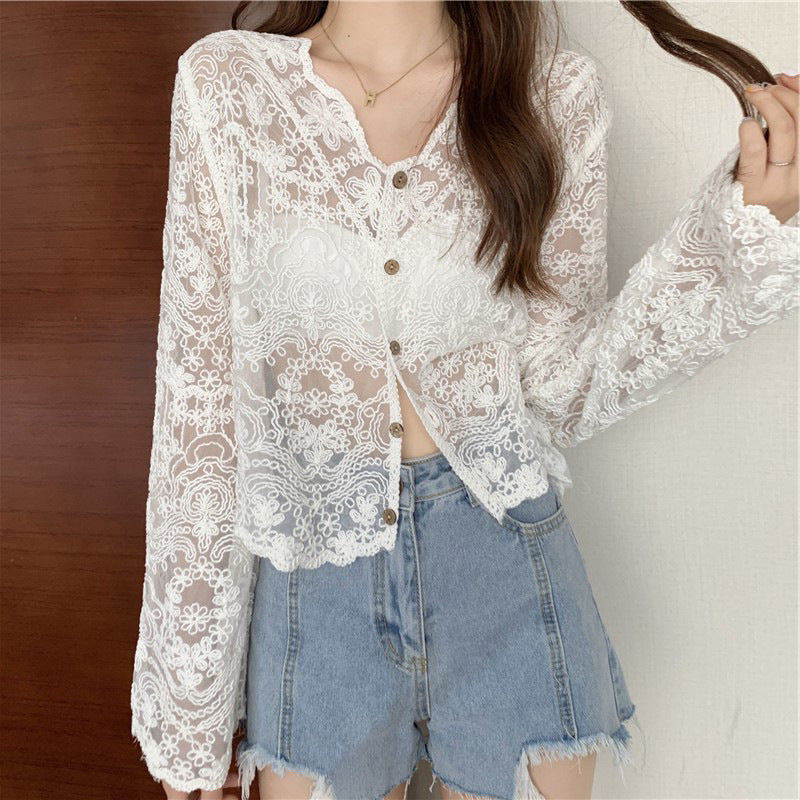 5385-Women's Lace Sheer Cardigan Shrug-WHITE