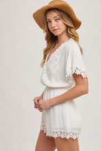 Load image into Gallery viewer, 5092-Wrap Floral Lace Trimmed Drawstring Romper-IVORY

