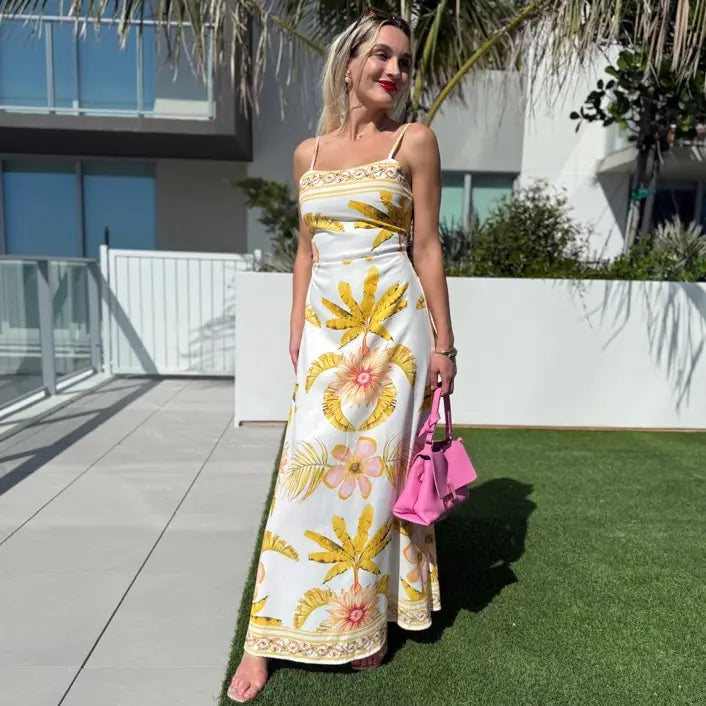 4969-Tropic Island Floral Print Paradise Resort Dress-WHT/YEL