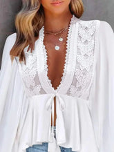 Load image into Gallery viewer, 5852-Tied Detail Lace Patch Lantern Sleeve Top-WHITE
