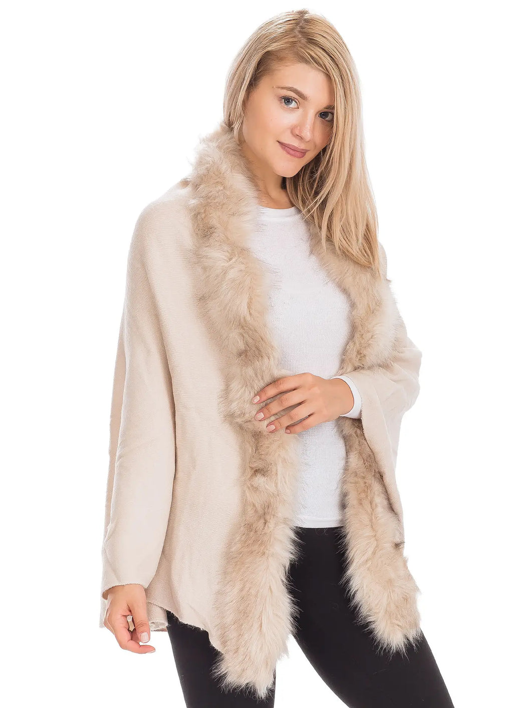 5746-Luxe Faux Fur Trim Shawl Cape-BEIGE