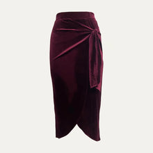 Load image into Gallery viewer, 5678-Burgundy Velvet Tie-Front Tulip Midi Skirt
