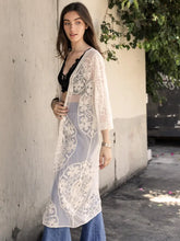 Load image into Gallery viewer, 6089- Contrast Mesh Cotton Lace Longline Kimono -IVORY
