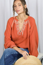 Load image into Gallery viewer, 6567- Paisley Embroidered V-Neck Cotton Gauze Blouse -RUST
