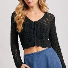 Load image into Gallery viewer, 6123- Open Knit Crochet Front-Tie Cropped Cardigan -BLACK
