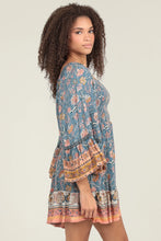 Load image into Gallery viewer, 5293-Wide Bell Flare Sleeves Smocked Bodice Dress-BLUE
