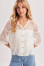 Load image into Gallery viewer, 6365- Sheer Embroidered Mesh Button Scalloped Hem Blouse-WHITE
