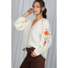Load image into Gallery viewer, 6569- Floral Embroidered V-Neck Cotton Gauze Blouse-CREAM
