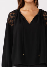 Load image into Gallery viewer, 5438-Embroidered Mesh Long Sleeve Tie Neck Blouse-BLACK
