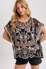 Load image into Gallery viewer, 6363- Mesh Embroidered Crochet Top-BLACK
