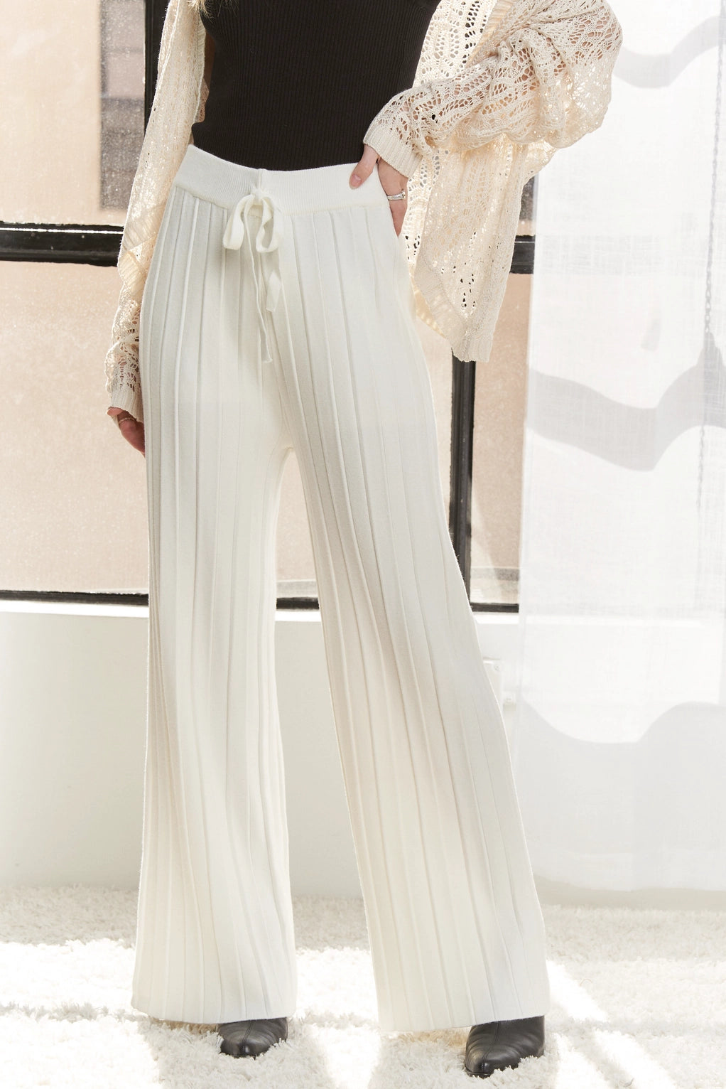 4883-WAIST TIE TEXTURE WIDE LEG KNIT PANTS -OFF WHITE