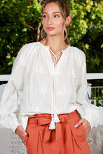 Load image into Gallery viewer, 5936-Floral Embroidered Tie Neck Tassel 100%Cotton Top
