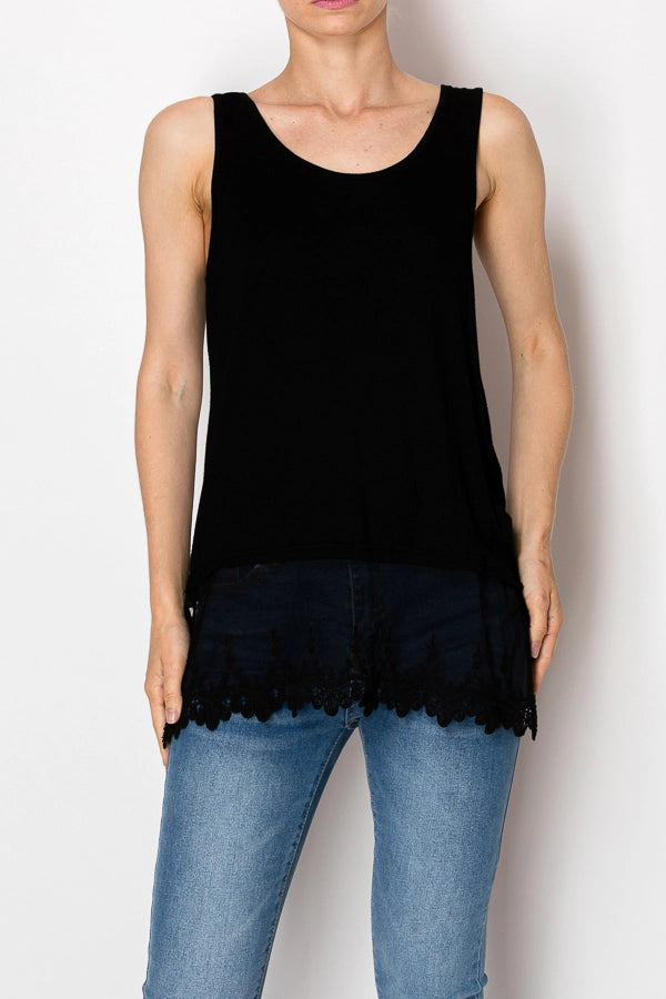 5502-Soft Relaxed Tank with Delicate Floral Laced Hem -BLACK