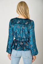 Load image into Gallery viewer, 6657-  Embroidery Velvet Surplice Neck Blouse-EMERALD
