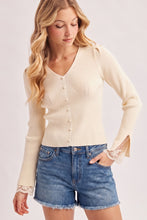 Load image into Gallery viewer, 6358-Lace Cuff Ribbed Knit V-Neck Top-ECRU

