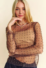 Load image into Gallery viewer, 5526-Bead and Pearl Embellished Long Sleeves Mesh Top-BROWN
