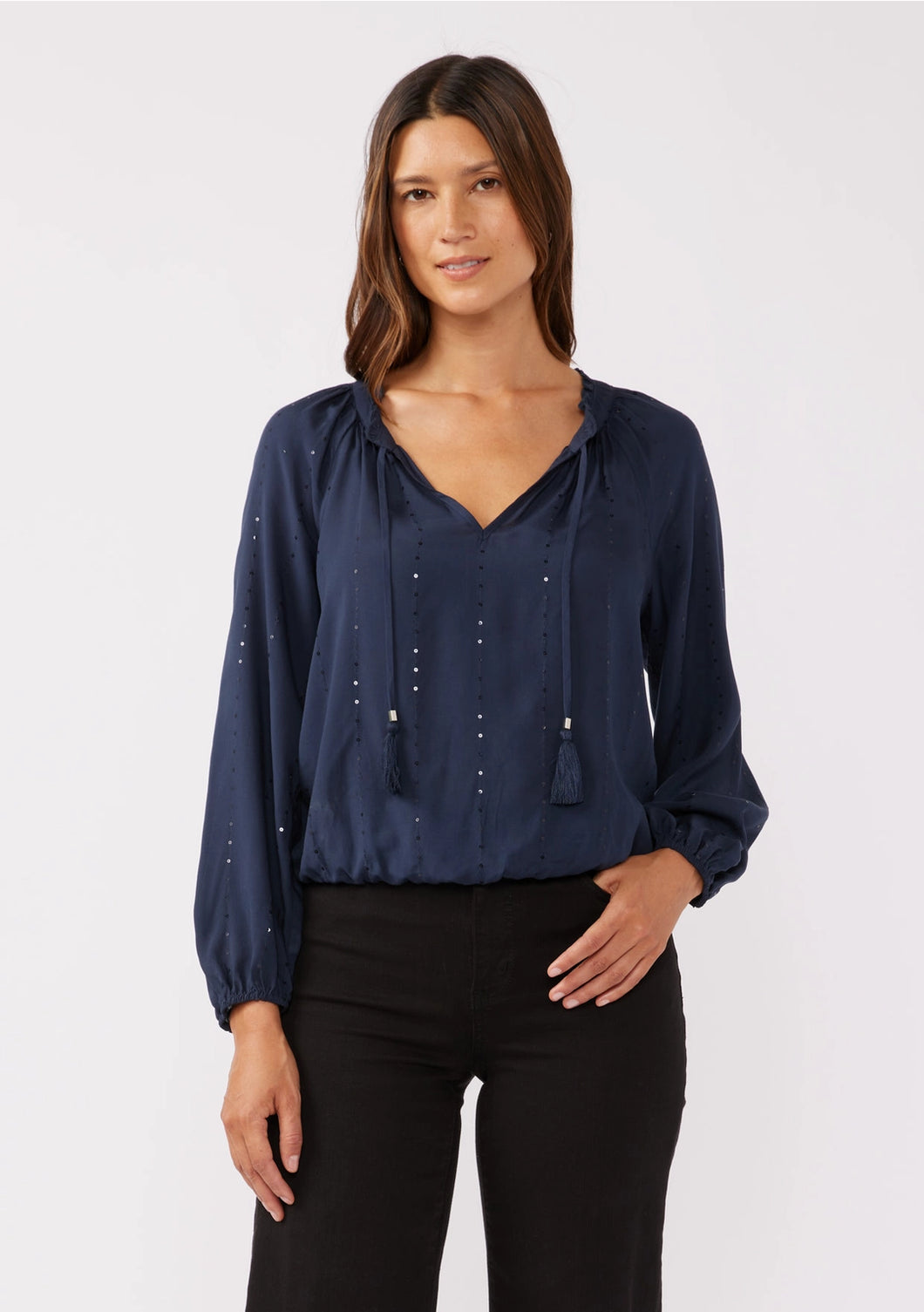5440-Sequin Long Sleeve Tassel Tie Neck Blouse-MIDNIGHT NAVY
