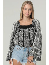 Load image into Gallery viewer, 5819-Lace Trim Wide Bell Sleeve Drawstring Hem Top-black
