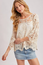 Load image into Gallery viewer, 6354- Boho Sheer Crochet 3/4 Sleeved Top-NATURAL
