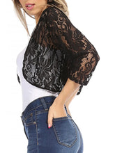 Load image into Gallery viewer, 4478-Lace Bolero Crochet Open Cardigan 3/4 Sleeve -BLACK
