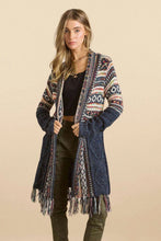 Load image into Gallery viewer, 6526- Fringe Hem Tribal Sweater Cardigan-NAVY
