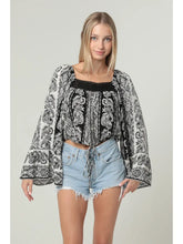 Load image into Gallery viewer, 5819-Lace Trim Wide Bell Sleeve Drawstring Hem Top-black
