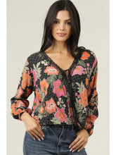 Load image into Gallery viewer, 5824- V Neck Lace Trim Floral Print Blouse-BLACK
