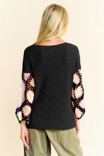 Load image into Gallery viewer, 5232-Crochet Multi Colored Granny Sleeve Sweater Top-BLACK
