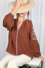 Load image into Gallery viewer, 6568- Floral Embroidered V-Neck Cotton Gauze Blouse-BROWN
