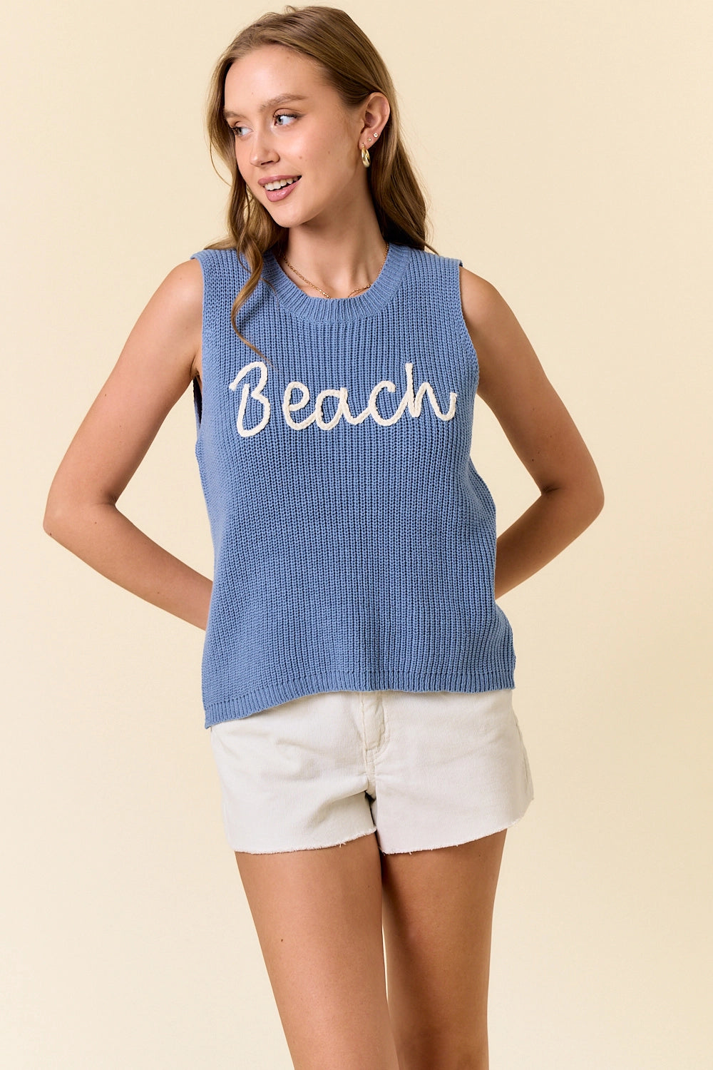 5194-Round Neck Beach Sweater Tank Top - -BLUE