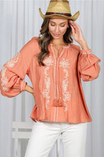 Load image into Gallery viewer, 6341- Bohemian Embroidered Split Neck Top -ORANGE
