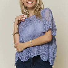 Load image into Gallery viewer, 6257- Eyelet Embroidered Sheer Scalloped Blouse- BLUE
