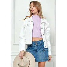 Load image into Gallery viewer, 6120- Cropped Denim Jacket with Asymmetric Seam-WHITE
