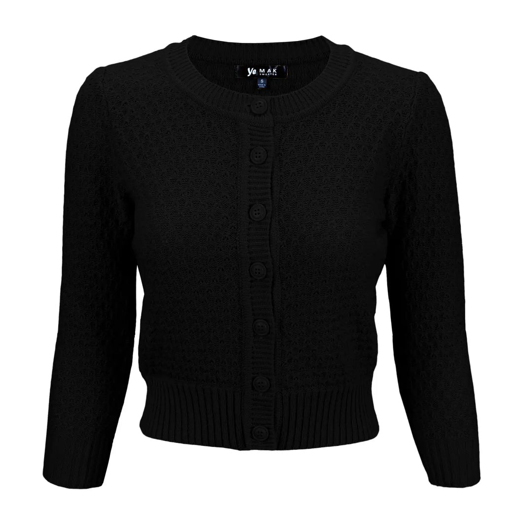 4950-3/4 Sleeve Crewneck Knit Cropped Cardigan Sweater -BLACK