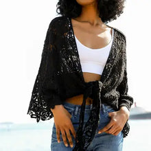 Load image into Gallery viewer, 4296-Crochet Floral Petal Kimono Wrap-BLACK
