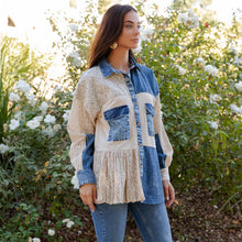 Load image into Gallery viewer, 5887-Mixed Media Spliced Denim Shirt with Seersucker
