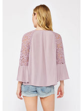Load image into Gallery viewer, 5083- Crochet Lace Bell Sleeve Button Front Top-LAVENDER
