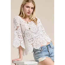 Load image into Gallery viewer, 6144- Floral Crochet Top with 3/4 Bell Sleeves-WHITE
