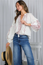 Load image into Gallery viewer, 6342- Bohemian Embroidered Split Neck Cotton Blouse -BURG

