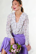 Load image into Gallery viewer, 5041-V-Neck Ruffle Design Floral Chiffon Blouse -WHITE/LILAC
